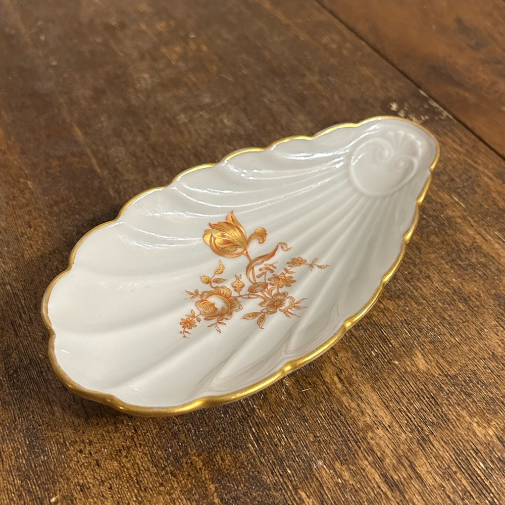 Vintage Limoges France Shell Trinket Dish, Gold Gild Rim & Floral Transfer Print